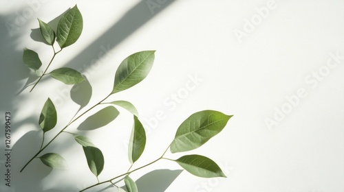 Sunlight shadows on green leaves, minimalist design, white background, website banner