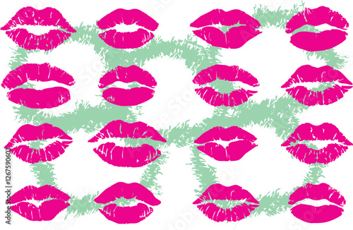 Pink lipstick kiss prints. Seamless pattern lipstick kiss. Fabric print design, cosmetic industry marketing poster or flyer idea. Different shapes female sexy lips, EPS 10.