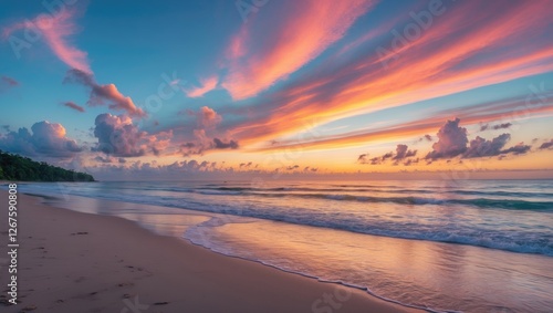 Stunning Sunset Over Serene Beach with Waves, Lush Forest, and Colorful Clouds Creating a Beautiful Coastal Panorama.