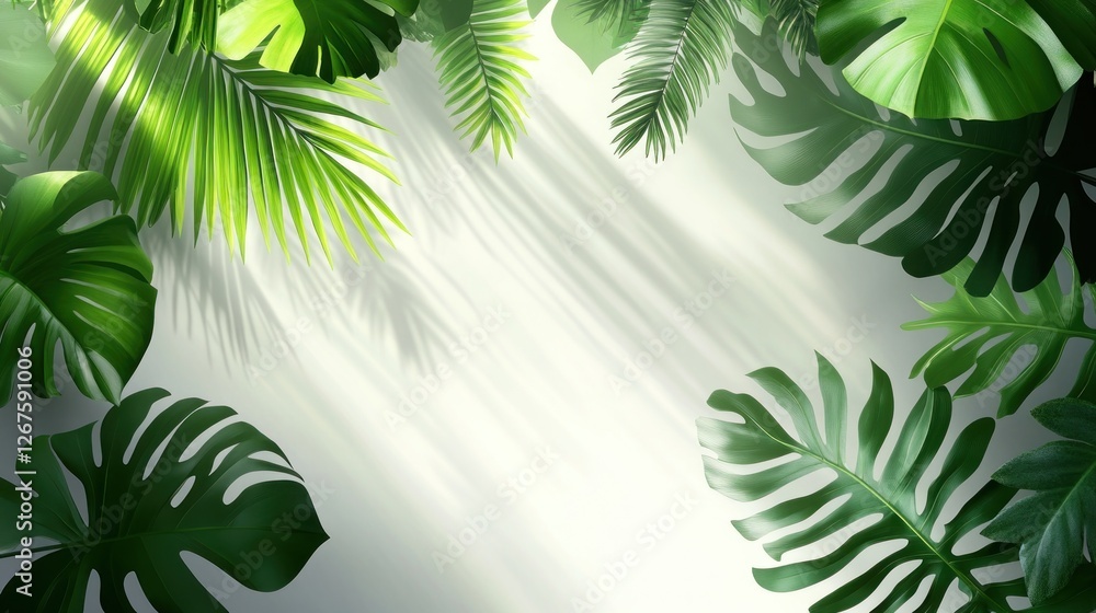 Fototapeta premium Sunlight through tropical leaves, white background, nature backdrop, design element