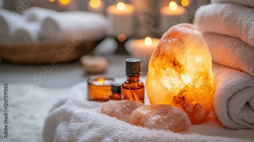 A luxury hotel spa setup with aromatherapy oils, plush towels, and a Himalayan salt lamp.