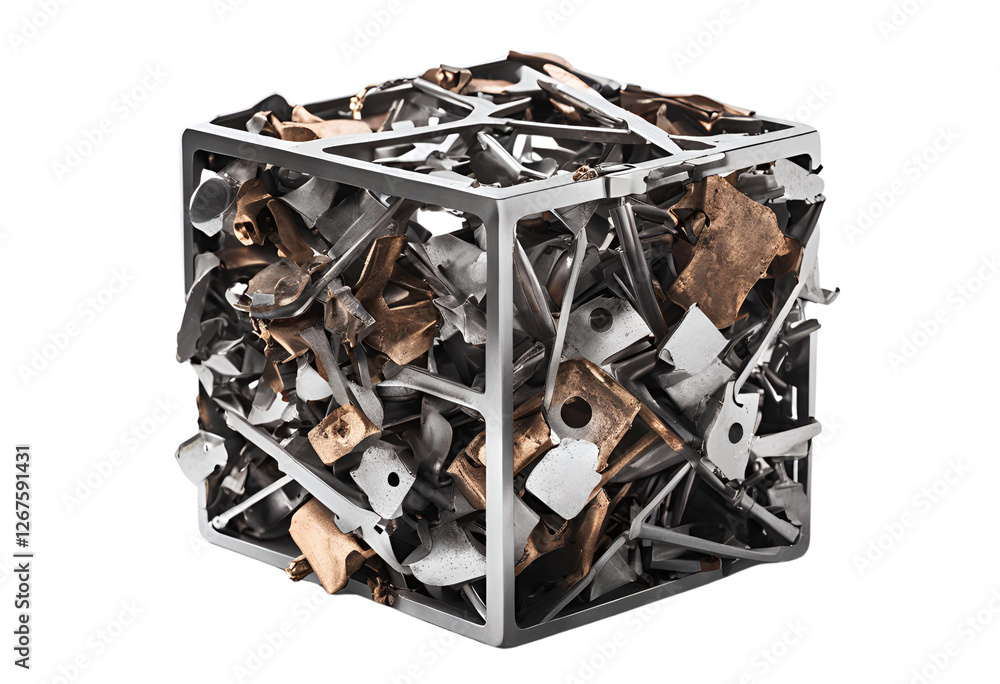 Fototapeta premium A mesmerizing cube overflowing with metallic scraps, a captivating blend of silver and bronze hues against a stark black backdrop. Intriguing industrial art, Generative AI.