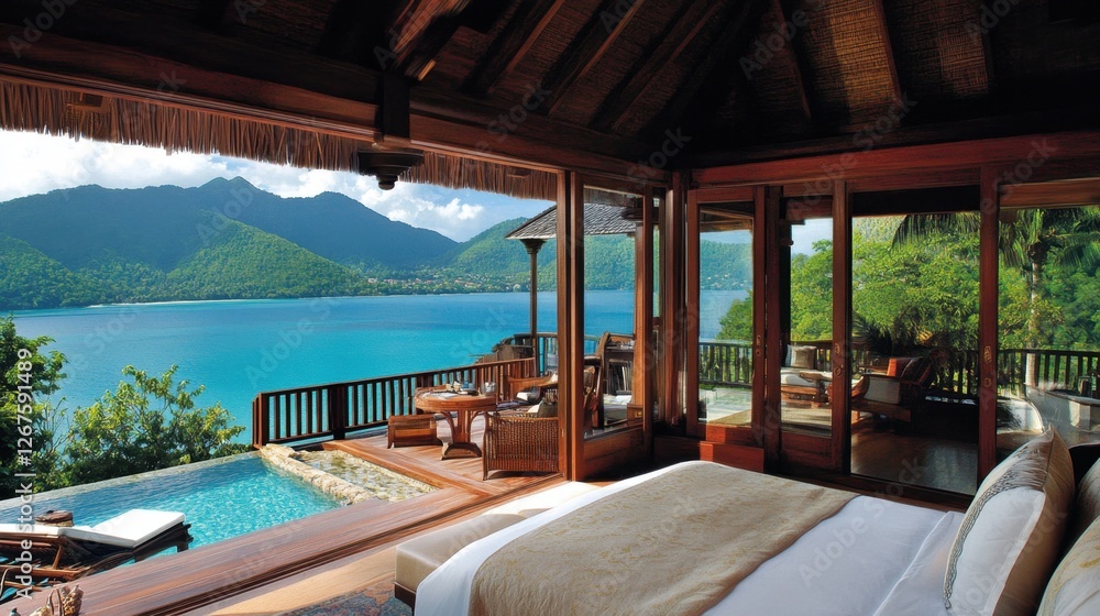 A luxury resort villa with a modern interior, plush bedding, and large glass doors opening to a scenic view. A luxury resort villa with a modern interior, plush bedding, and large glass doors opening to a scenic view.