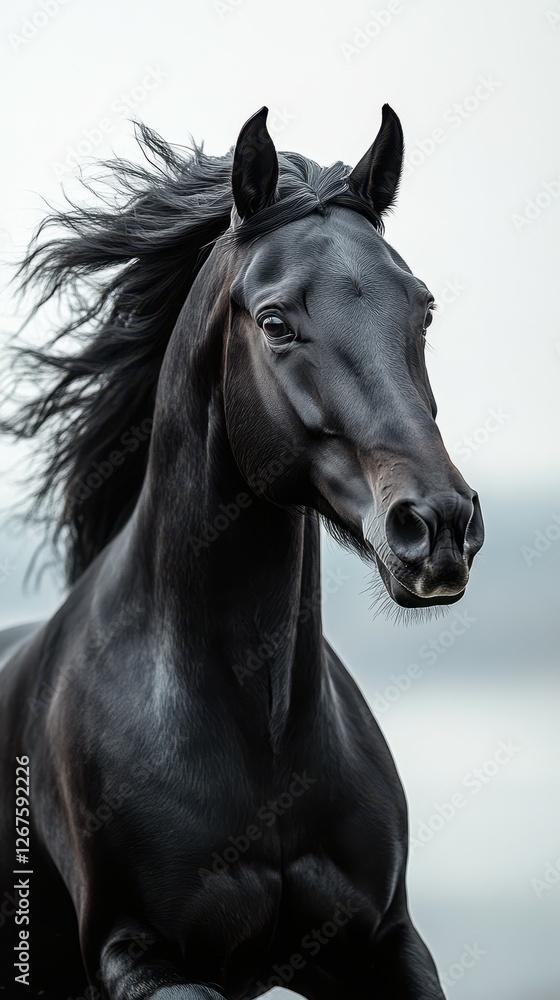 Fototapeta premium Striking black horse galloping freely along a misty shoreline at sunrise with flowing mane and powerful stance