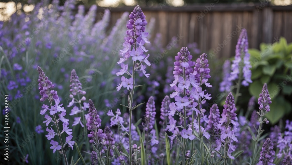 Naklejka premium Vibrant Purple Flowering Plants in a Serene Backyard Garden Setting