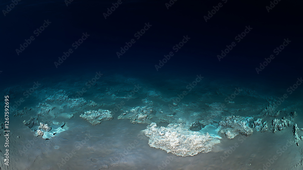 Fototapeta premium Deep Sea Floor Topography With Coral Formations Panoramic Underwater Vista Landscape