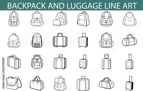 Travel Backpacks, Luggage, Suitcases Line Art Illustrations Set
