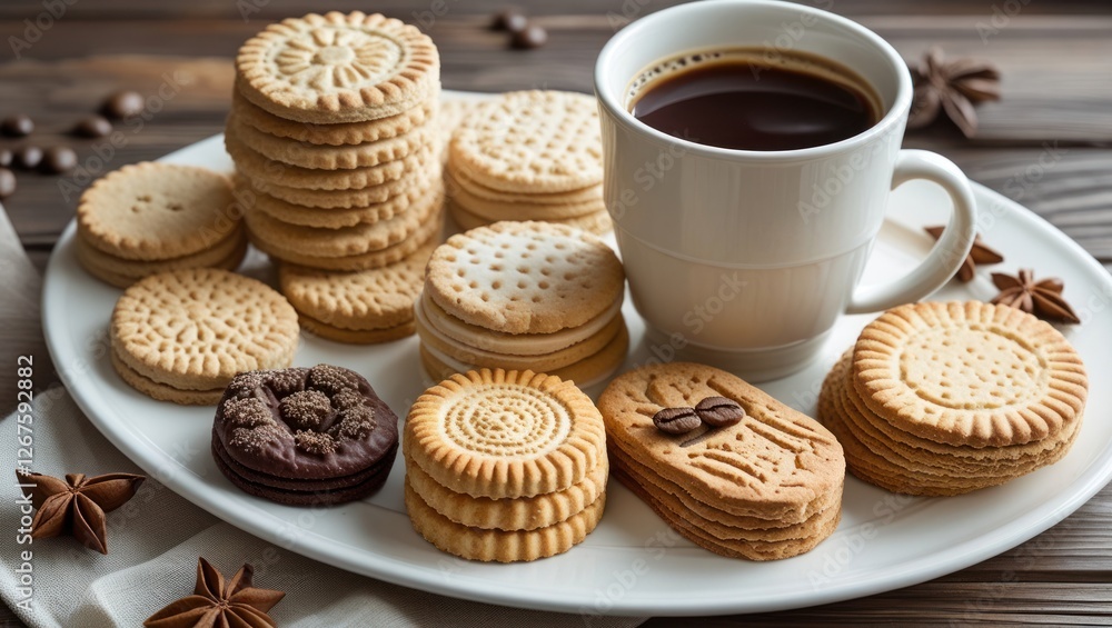 Plate of assorted cookies with a cup of coffee and coffee beans on a wooden table with anise stars and a textured cloth. Copy Space Plate of assorted cookies with a cup of coffee and coffee beans on a wooden table with anise stars and a textured cloth. Copy Space