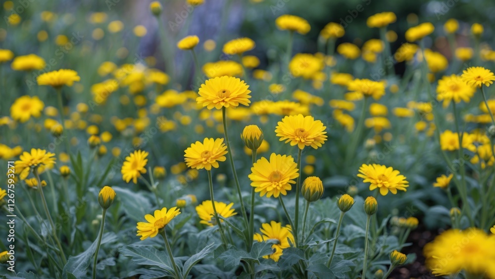 Vibrant yellow flowers in a lush garden setting with a soft focus background and Copy Space for text placement Vibrant yellow flowers in a lush garden setting with a soft focus background and Copy Space for text placement