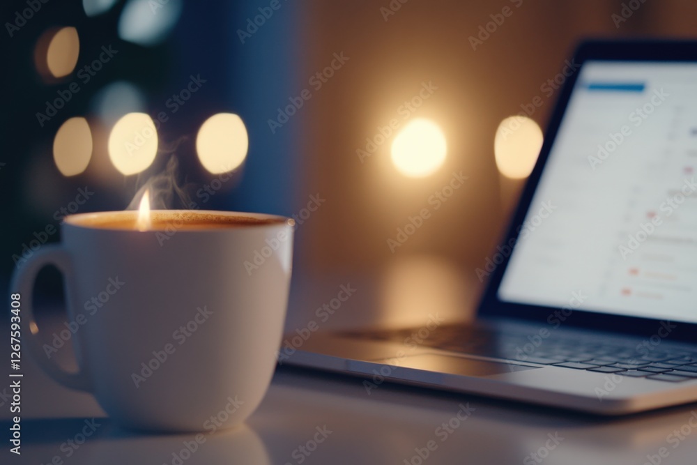 Mug of Coffee next to a Laptop in the Evening Mug of Coffee next to a Laptop in the Evening
