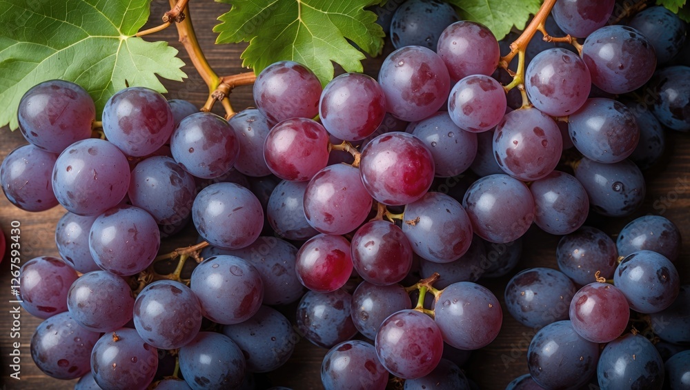 Fototapeta premium Fresh Purple Grapes on Wooden Background with Green Leaves and Space for Text or Advertising