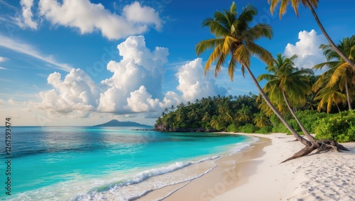 Tropical beach landscape with turquoise ocean, palm trees, and white sand under a bright sky, perfect for vacation and travel promotions.