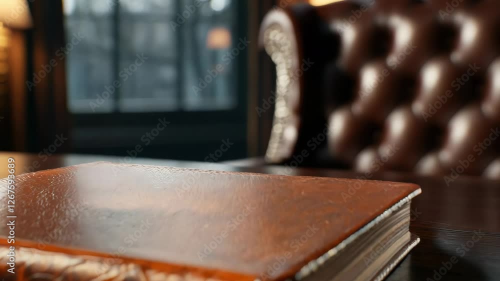 Cozy Dimly Lit Interior Leather Bound Book on Wooden Table with Warm Armchair Invites Relaxation and Reading Cozy Dimly Lit Interior Leather Bound Book on Wooden Table with Warm Armchair Invites Relaxation and Reading