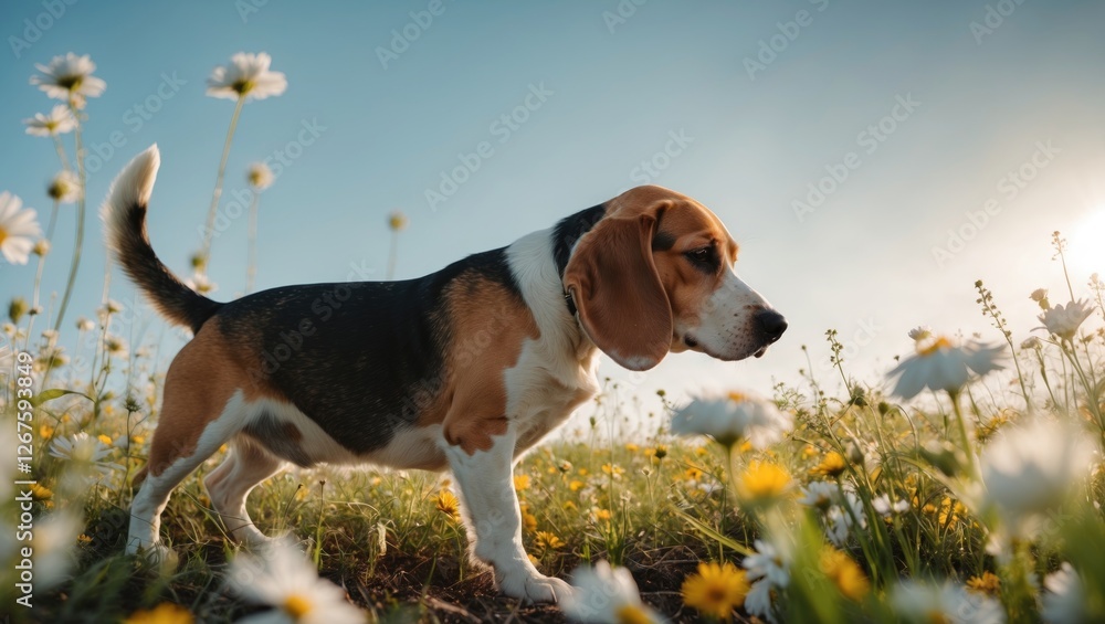 Beagle Dog Exploring a Sunny Flower Field with a Peaceful Atmosphere and Space for Text Overlay Beagle Dog Exploring a Sunny Flower Field with a Peaceful Atmosphere and Space for Text Overlay