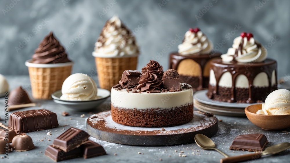 Delicious Assortment of Cakes Ice Cream and Chocolate Sweets Displayed on Table for Baking and Dessert Enthusiasts Delicious Assortment of Cakes Ice Cream and Chocolate Sweets Displayed on Table for Baking and Dessert Enthusiasts