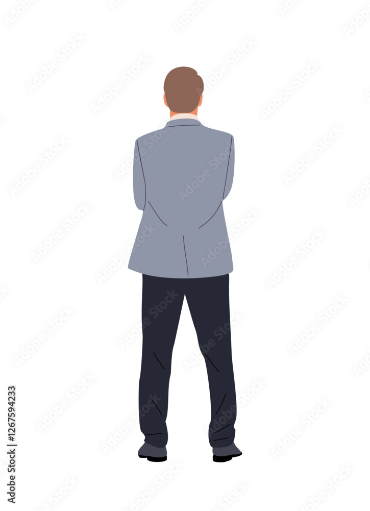 Businessman character standing in confident pose back view. Handsome business man in formal suit with his arms crossed rear view. Vector realistic colorful illustration isolated 