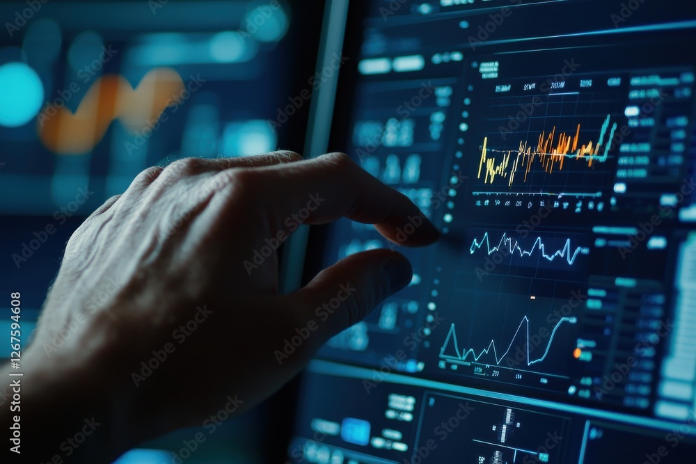 A hand interacts with a touchscreen displaying complex data visualizations and graphs in a dark interface, suggesting data analysis or monitoring. A hand interacts with a touchscreen displaying complex data visualizations and graphs in a dark interface, suggesting data analysis or monitoring.