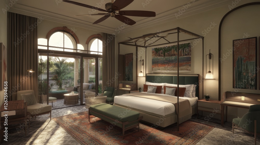 Fototapeta premium A luxury villa suite featuring an elegantly designed bedroom, premium furniture, and a serene atmosphere.