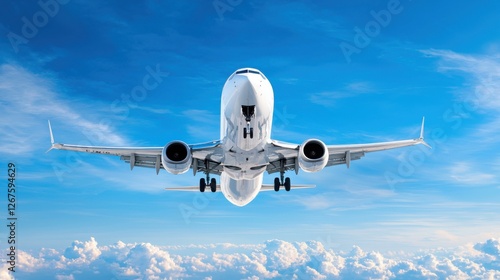 Close up of a plane flying high against a perfect blue sky, symbol of travel and adventure, endless possibilities