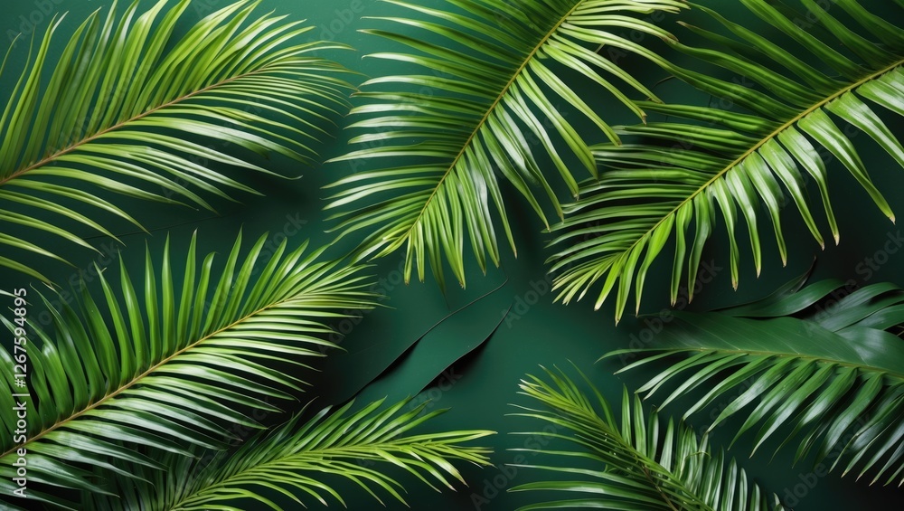 Fototapeta premium Lush Green Palm Leaves Over Dark Background Creating A Serene Environment With Space For Text and Design Elements