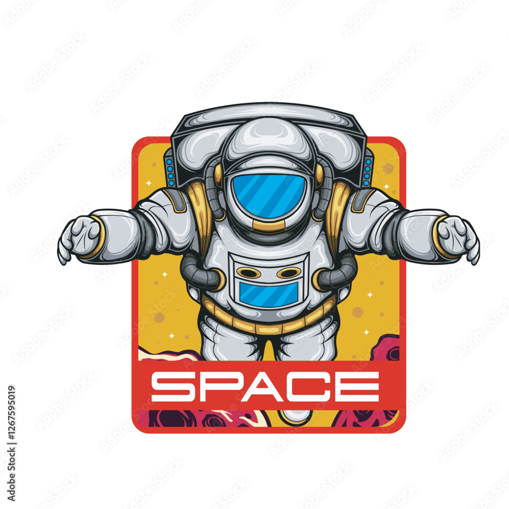 Naklejka premium Vector Illustration of Astronaut with Detailed Vintage Illustration Available for Logo Badge