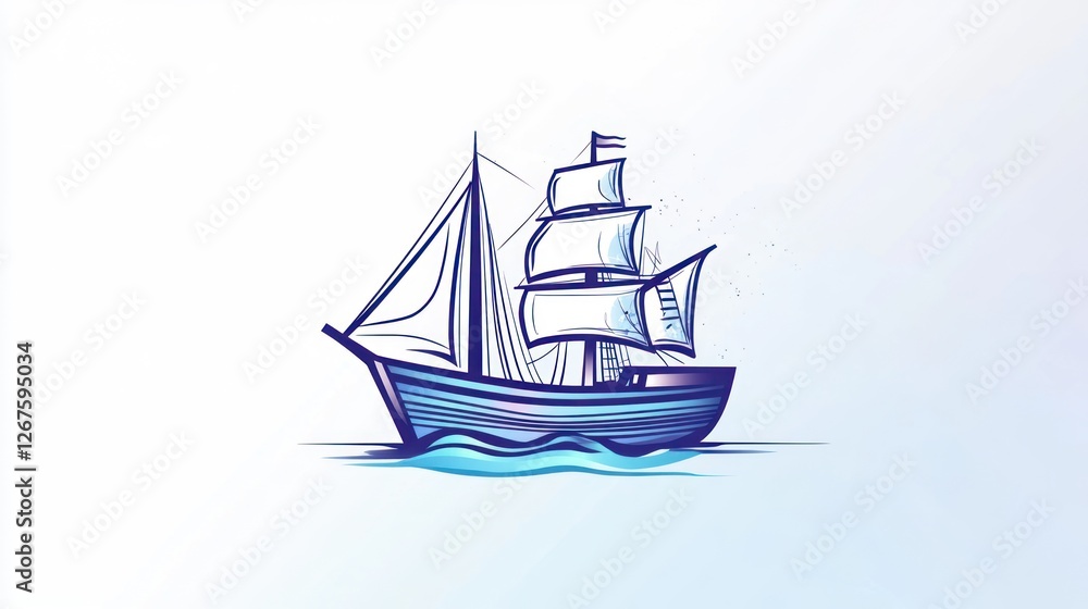 Sailing ship on calm sea, ocean background, nautical design, travel illustration Sailing ship on calm sea, ocean background, nautical design, travel illustration