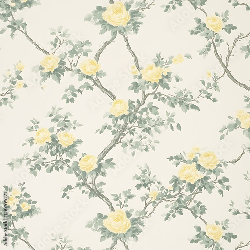 Delicate Yellow Roses Blossoms on Branching Trellis Pattern Botanical Fabric Design Art