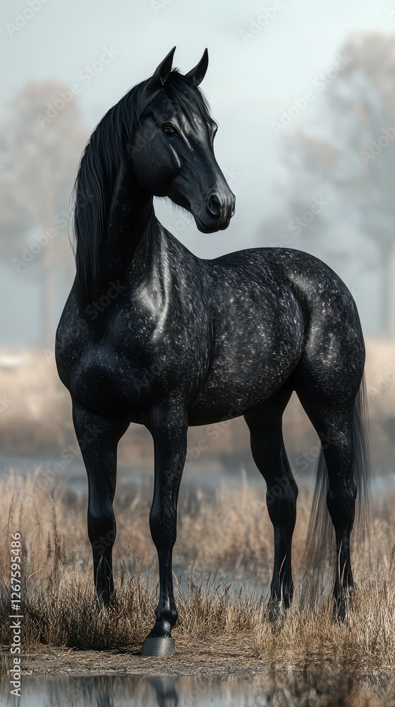 Majestic black horse standing by a tranquil stream surrounded by autumn foliage in the early morning light Majestic black horse standing by a tranquil stream surrounded by autumn foliage in the early morning light