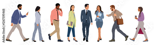 Set of Various business people walking side view. Modern men and women different ethnicities, ages and body types in smart casual and formal office outfits with phone, laptop, bags. Vector isolated