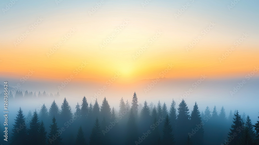 Obraz premium Sunrise over misty forest with soft golden and blue hues