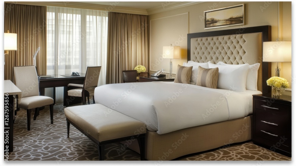 Fototapeta premium A modern and inviting hotel suite with soft textures, warm lighting, and an elegant bedroom design.