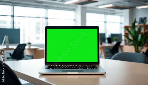 Green Screen Laptop in Modern Office Workspace