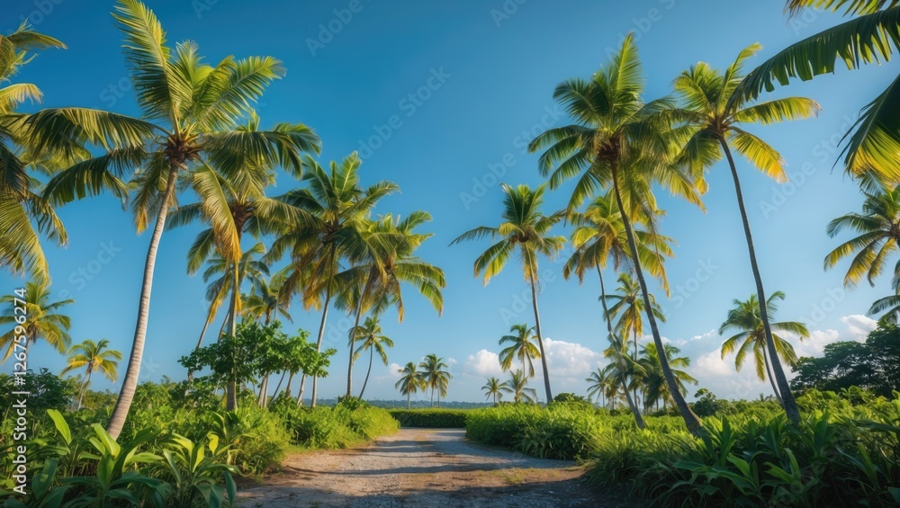 Lush Banana Trees Under Bright Blue Sky Surrounded By Greenery Suitable For Text Overlay In Tropical Setting Lush Banana Trees Under Bright Blue Sky Surrounded By Greenery Suitable For Text Overlay In Tropical Setting