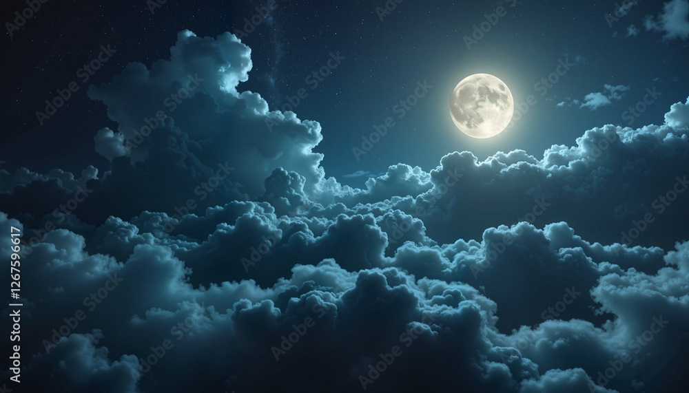 Full moon illuminating dramatic clouds in night sky for celestial landscape concept Full moon illuminating dramatic clouds in night sky for celestial landscape concept