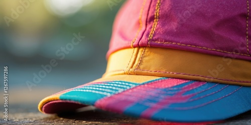 Vibrant Close-Up of a Colorful Baseball Cap Showcasing Unique Design with Copy Space for Text in Outdoor Setting photo