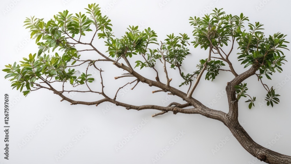 Fototapeta premium Green foliage tree branch against a white background providing ample Copy Space for text placement