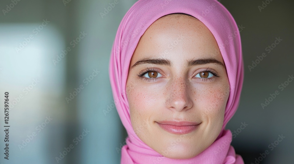 Woman in pink hijab, portrait, indoor setting, friendly expression, possible use for cultural awareness, diversity, or personal branding Woman in pink hijab, portrait, indoor setting, friendly expression, possible use for cultural awareness, diversity, or personal branding