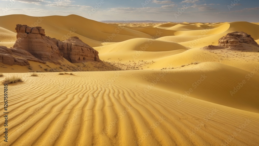 Golden sand dunes landscape with rock formations under a clear sky showcasing natural textures and patterns in the desert Copy Space Golden sand dunes landscape with rock formations under a clear sky showcasing natural textures and patterns in the desert Copy Space