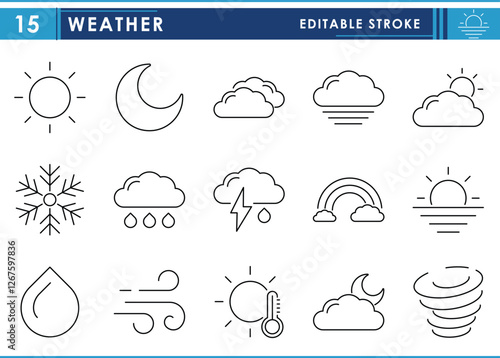 A set of line icons related to Weather. Cloud, sun, moon, temperature, humidity, wind, snow, and so on. Vector editable stroke.