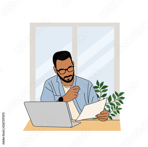 Business man, entrepreneur sitting at the desk, working on laptop computer with documents. Handsome bearded male character. Vector realistic illustration isolated on transparent background.