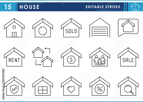 A set of line icons related to House. Home, sale, sold, rent, insurance, family, shift, sell, love, and so on. Vector editable stroke.