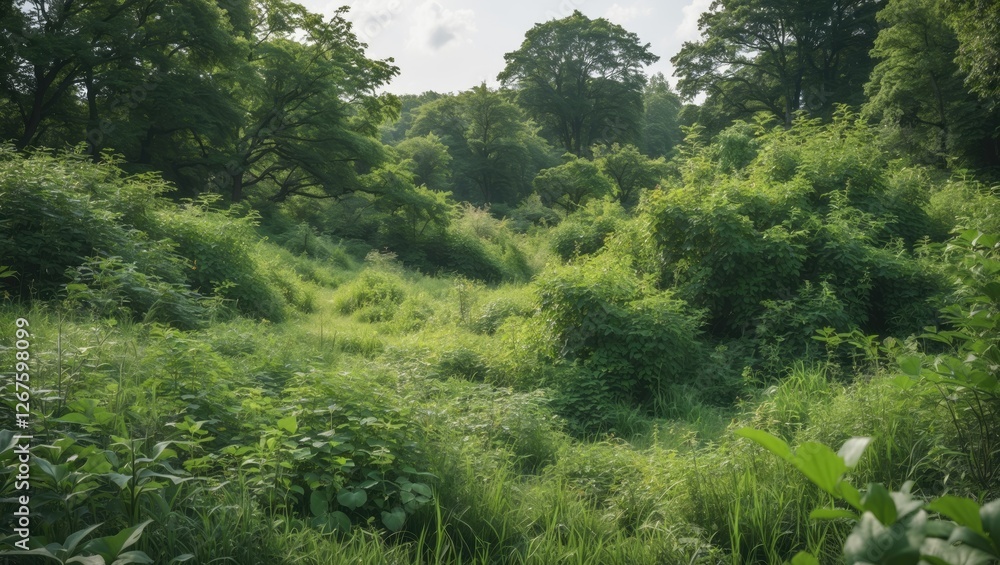 Obraz premium Lush Overgrown Landscape Capturing Vibrant Greenery and Natural Beauty in a Summer Setting