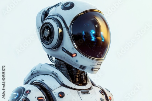 Futuristic robot in a sleek white design with a reflective helmet showcasing digital display