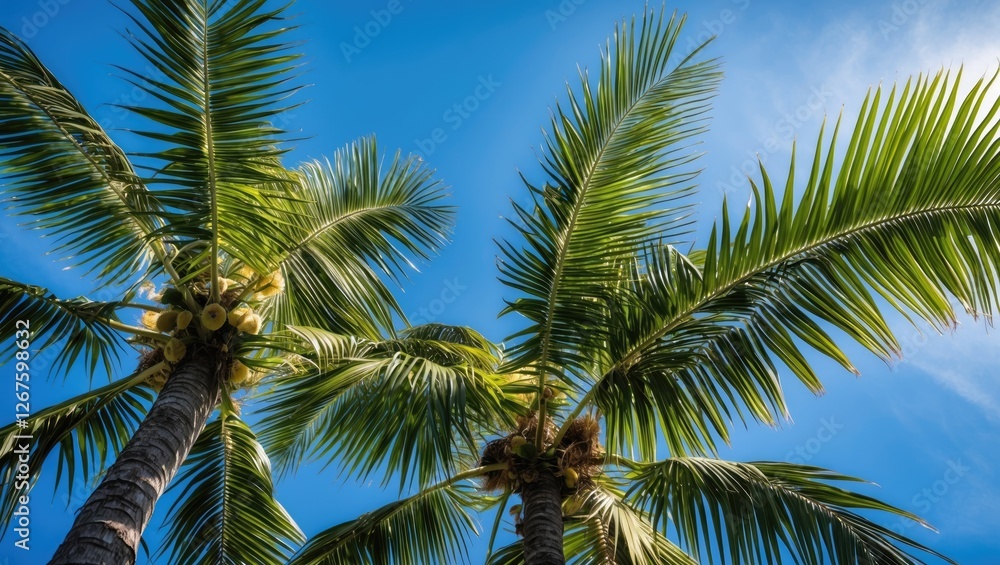 Tropical Palm Fronds Reaching Towards Clear Blue Sky Under Bright Sunlight Tropical Palm Fronds Reaching Towards Clear Blue Sky Under Bright Sunlight