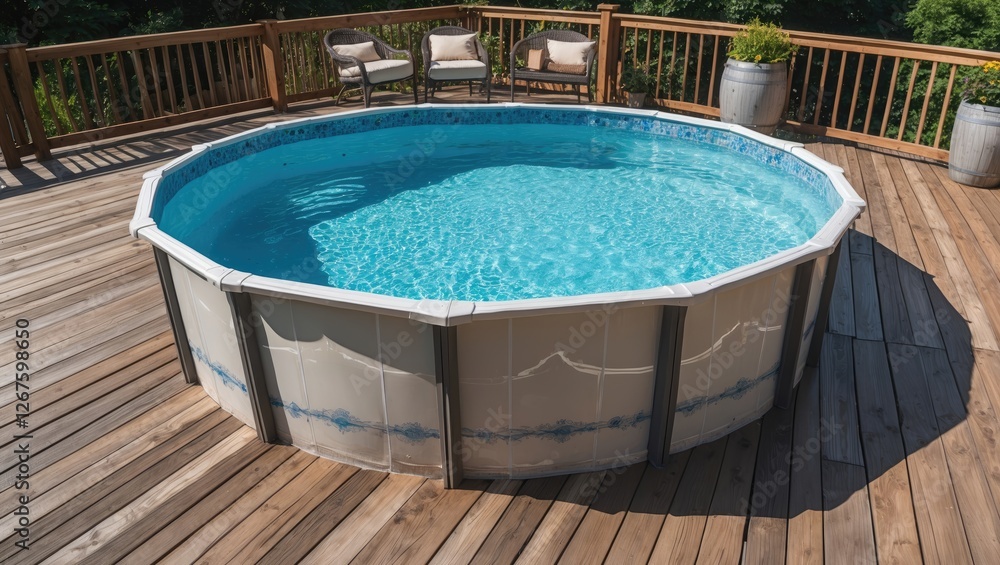 Stylish above ground swimming pool surrounded by wooden deck, ideal for summer relaxation and outdoor leisure activities. Stylish above ground swimming pool surrounded by wooden deck, ideal for summer relaxation and outdoor leisure activities.