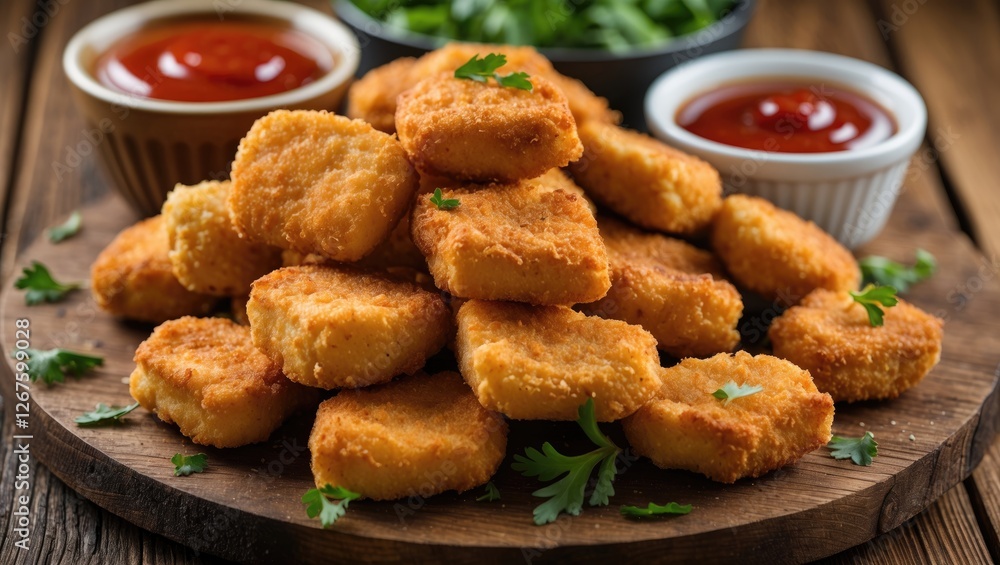 Crispy Homemade Chicken Nuggets Served With Sauces On Wooden Board Garnished With Greenery For A Delicious Meal Experience Crispy Homemade Chicken Nuggets Served With Sauces On Wooden Board Garnished With Greenery For A Delicious Meal Experience