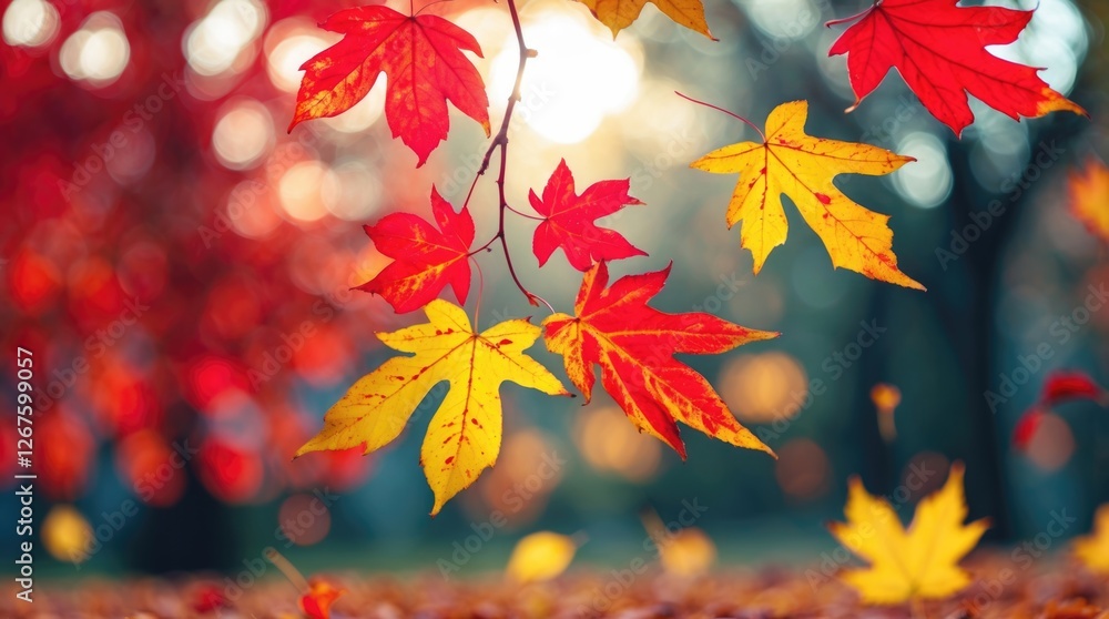 Autumn leaves in vibrant red and yellow hues with a soft focus light creating a dreamy bokeh background in a serene outdoor setting. Autumn leaves in vibrant red and yellow hues with a soft focus light creating a dreamy bokeh background in a serene outdoor setting.