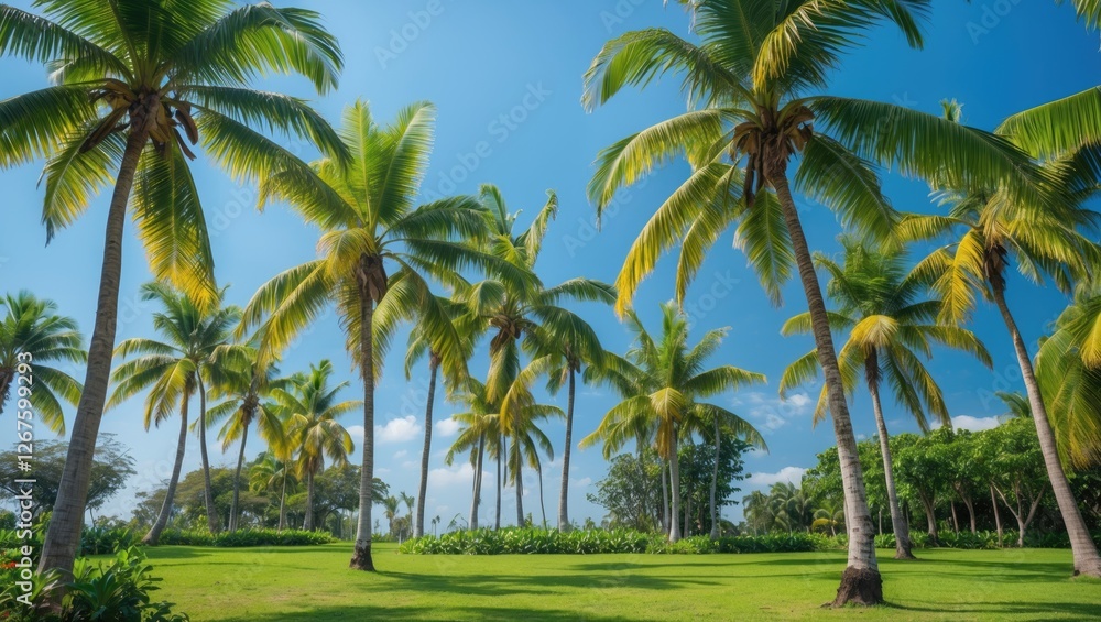Lush Banana Trees Under Clear Blue Sky With Open Space For Text In Tropical Landscape Setting Lush Banana Trees Under Clear Blue Sky With Open Space For Text In Tropical Landscape Setting