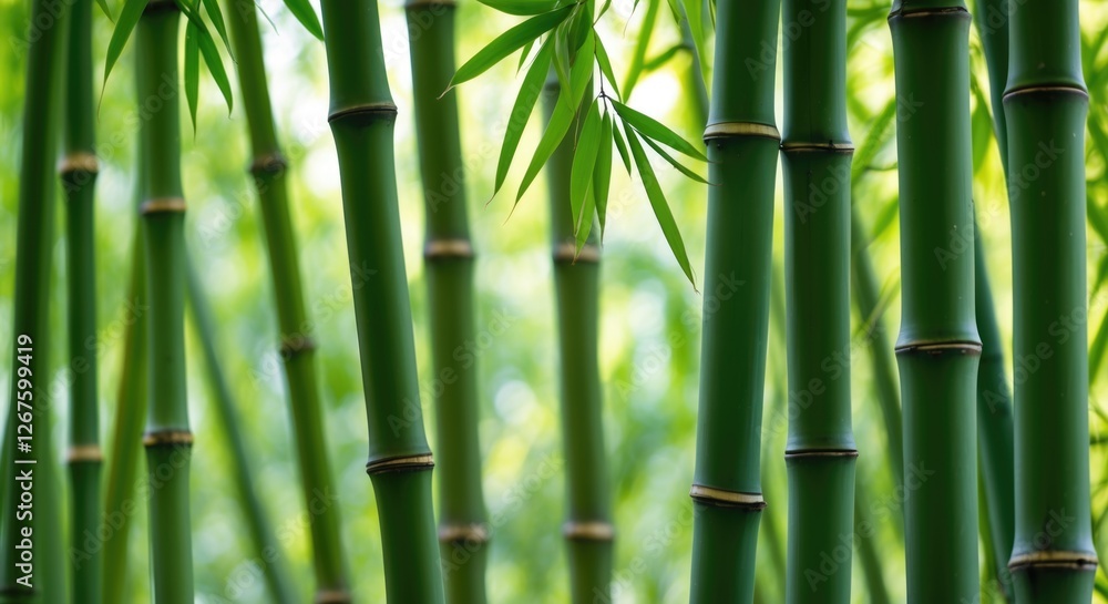 Fototapeta premium Bamboo forest close-up showcasing vibrant green stalks and delicate leaves nature background for tranquility and harmony themes.