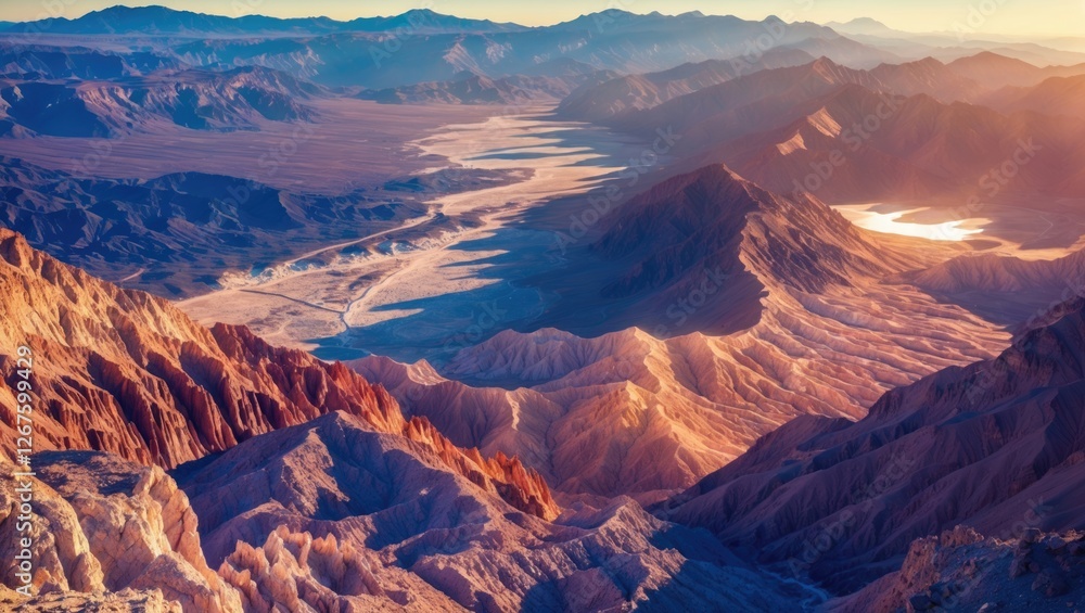 Obraz premium Stunning panoramic vista from Dante's View overlooking Death Valley and Panamint Mountains at sunset in Death Valley National Park